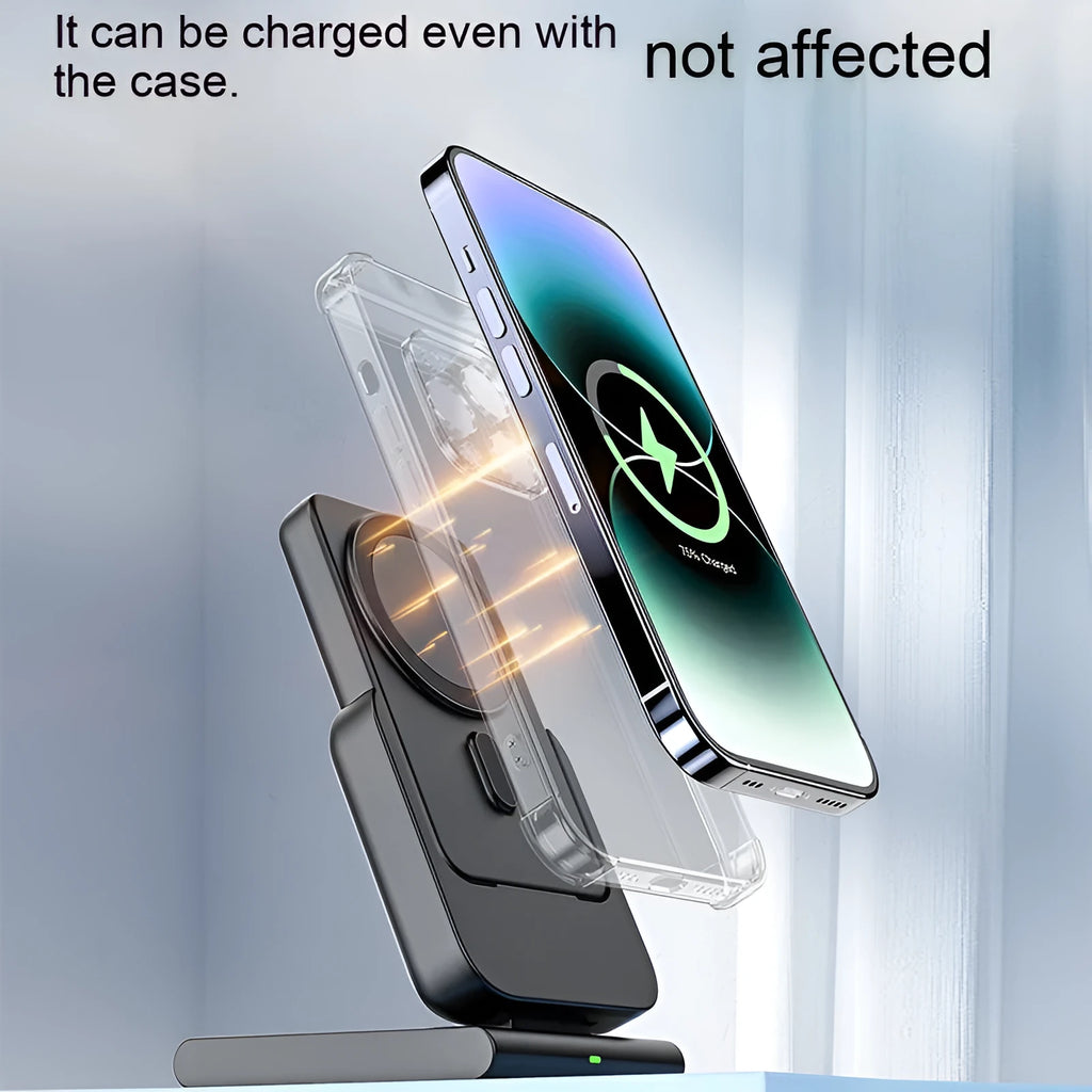 Black magnetic three-in-one power bank with folding bracket charging iPhone 12, Apple Watch, and AirPods case