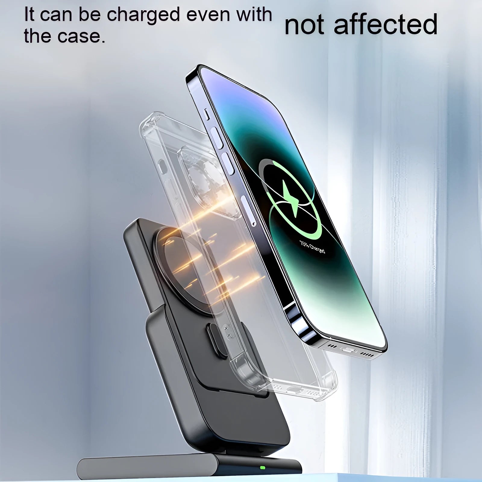 Black magnetic three-in-one power bank with folding bracket charging iPhone 12, Apple Watch, and AirPods case