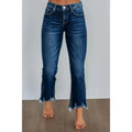 A pair of women's solid colour denim trousers with a manual wear finish, shown in dark blue.