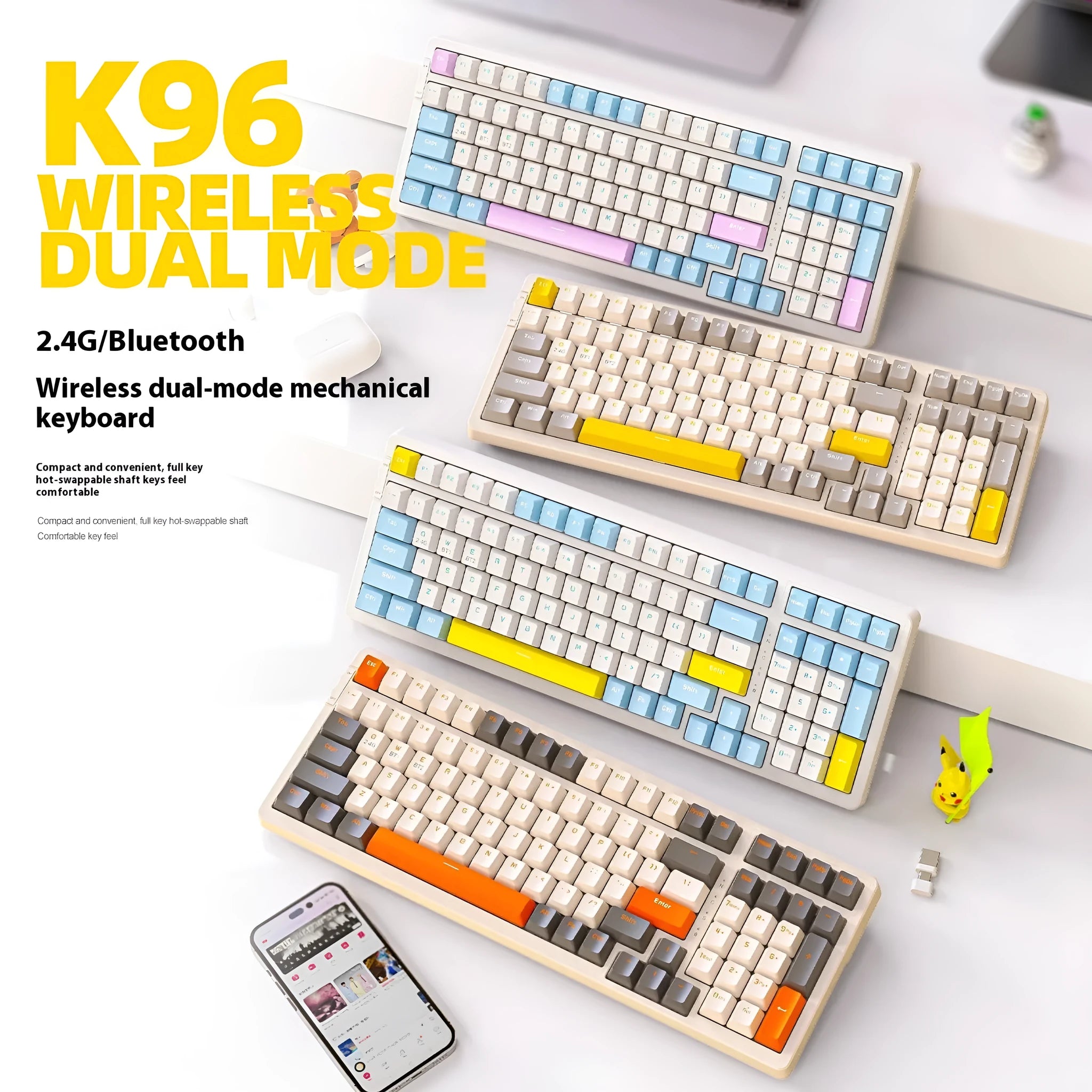 Free Wolf K96 Bluetooth dual-mode hot-swap mechanical keyboard in a choice of four colour-themed versions with RGB lighting.