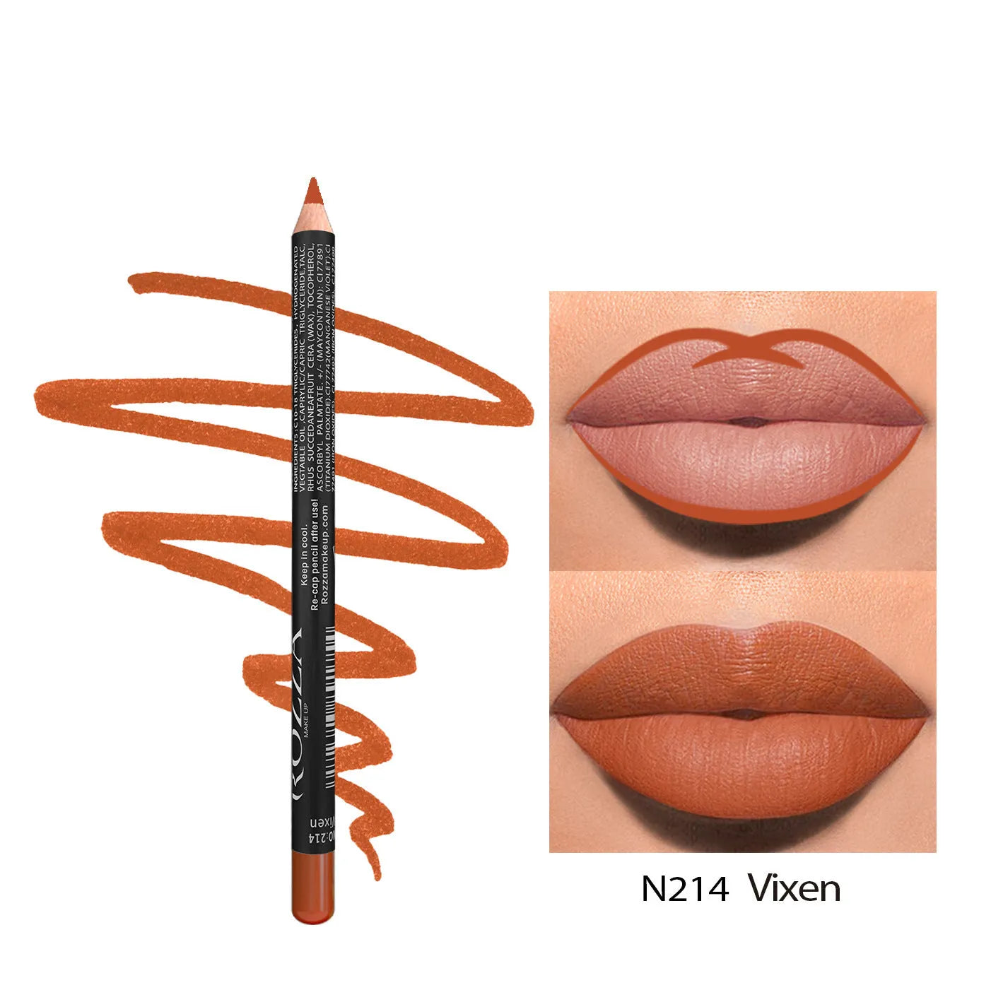 Matte finish lip liner pencil in wooden tone showing waterproof 24-hour formula