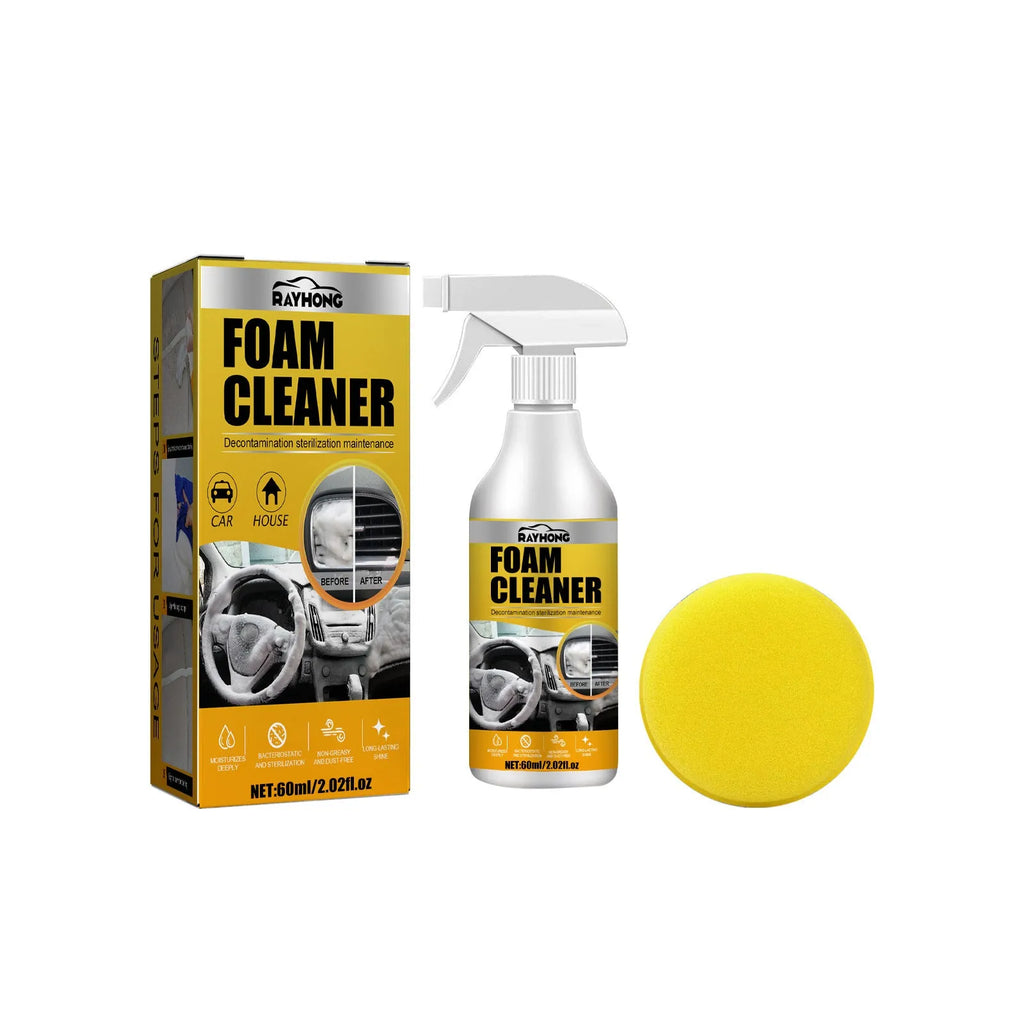 Car interior wash-free foamed cleaner 60ml bottle and foam sponge for upholstery and dashboard cleaning