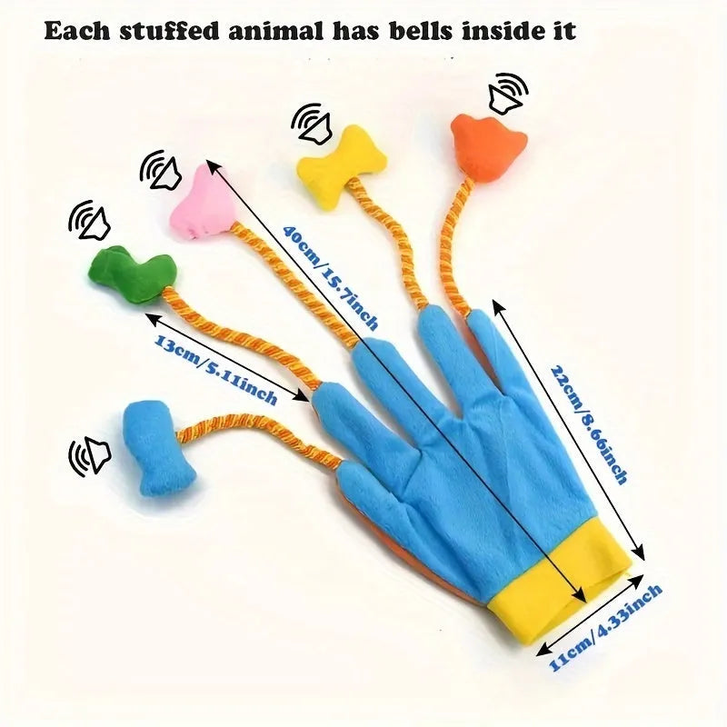 Yellow and blue plush cat toy glove with a bell attached to a 40cm long trailer.