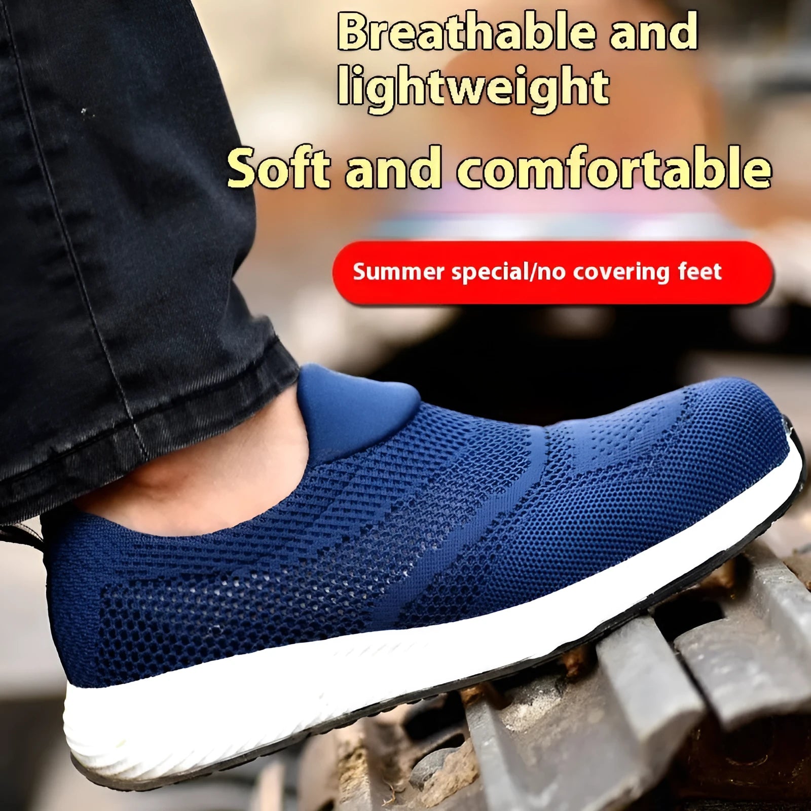 Men's lightweight anti-smash anti-puncture steel toe work safety shoes with mesh upper in black, blue, or red colours