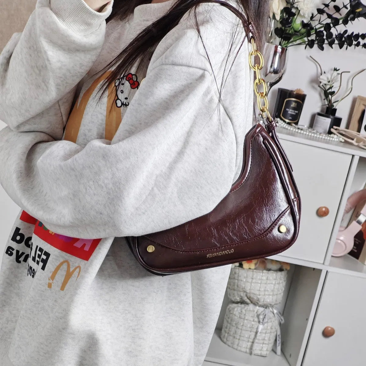 Wine red PU chain crescent underarm bag with horizontal square shape and mobile phone bag for daily one-shoulder use