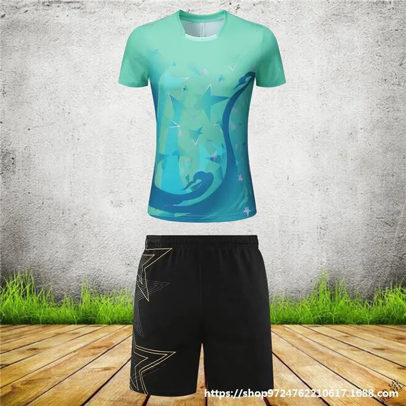 Badminton clothing set with short-sleeved top and trousers in sapphire blue for men and women.