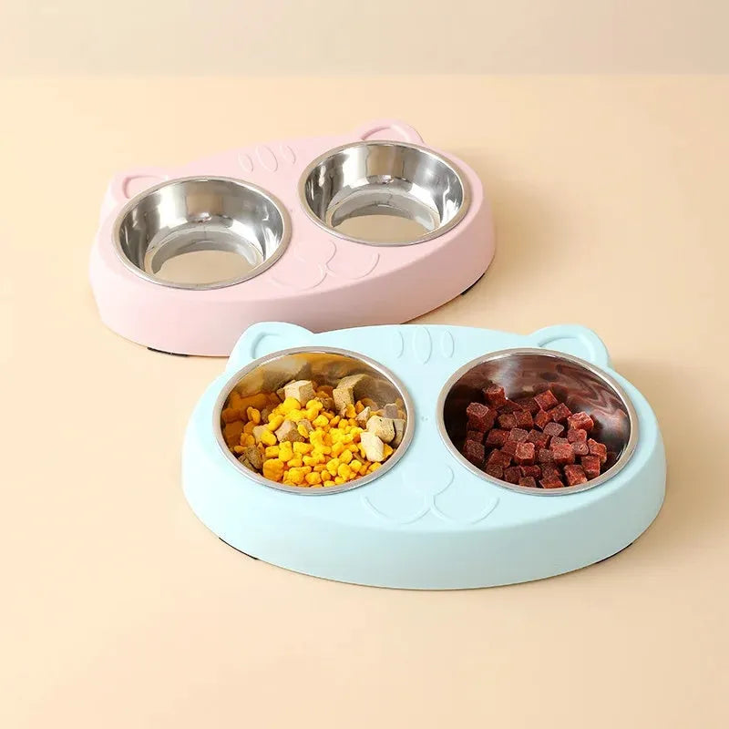 Blue plastic pet feeder tray with two bowls for cat or small dog food and water