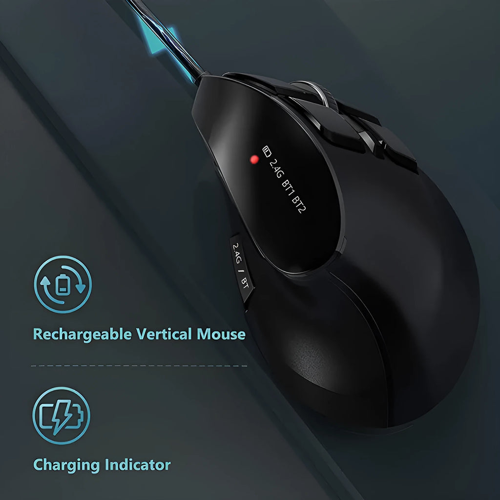 Wireless Bluetooth dual-mode rechargeable optical mouse in black, compact 15x8x5 cm design