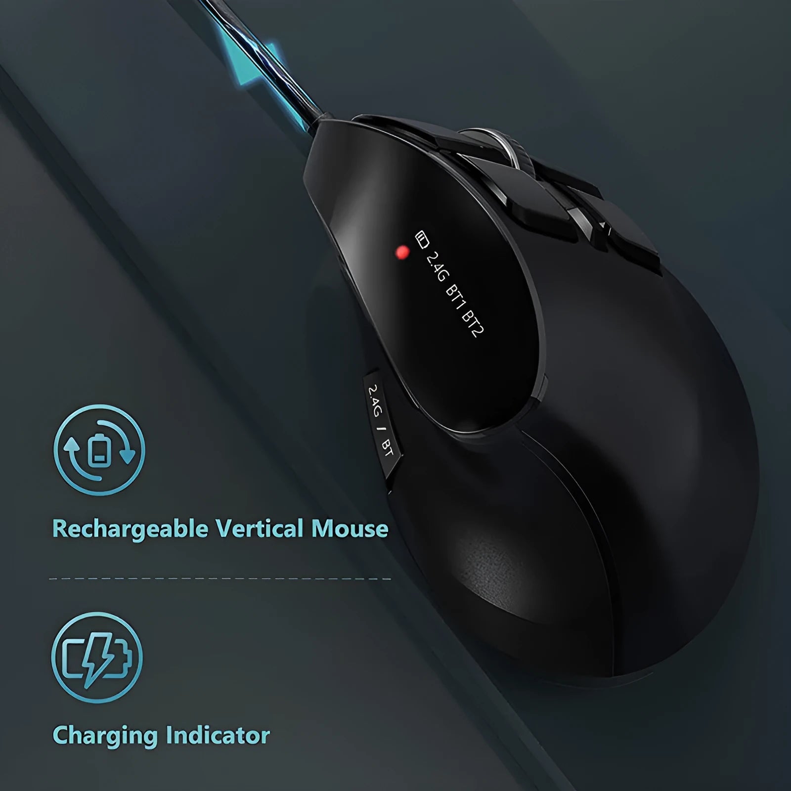 Wireless Bluetooth dual-mode rechargeable optical mouse in black, compact 15x8x5 cm design