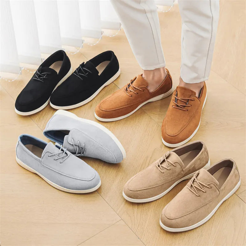 Men's suede slip-on loafers with elastic band, mesh lining, rubber vulcanized sole, low flat heel, solid colour, sizes 39-45