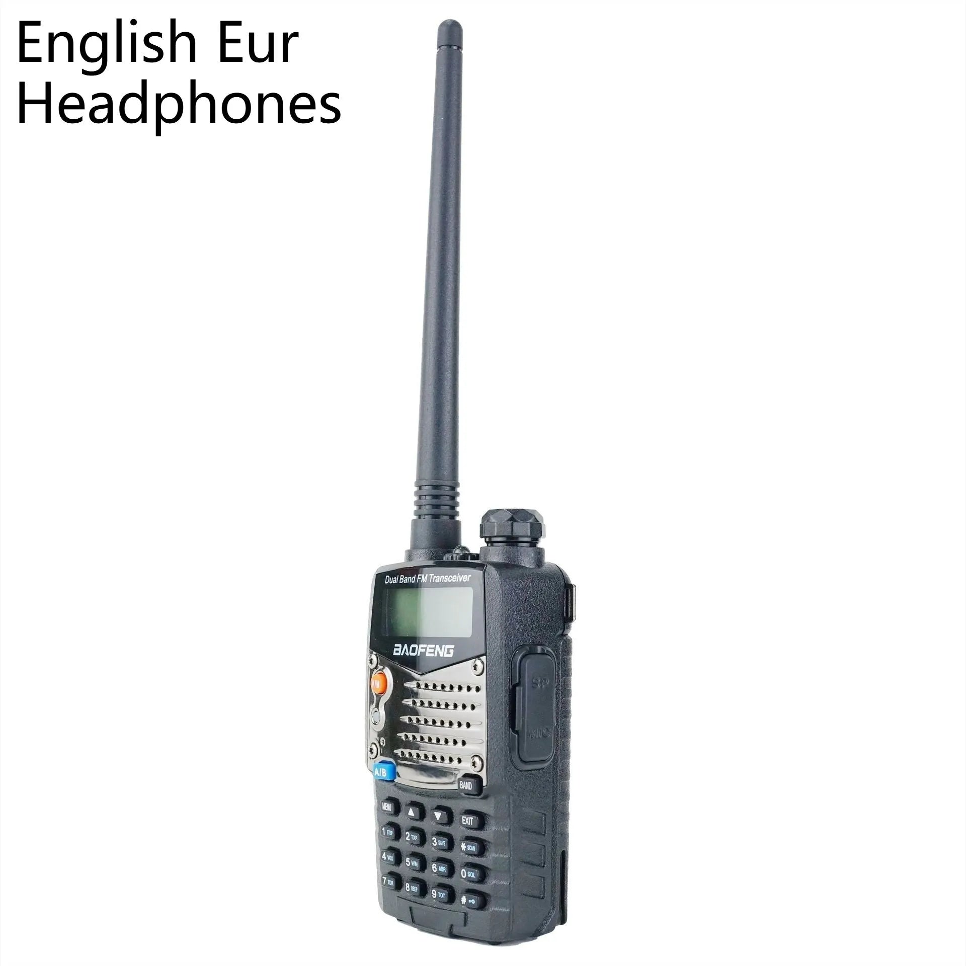 Baofeng UV-5RA dual-band walkie talkie with dual display screen showing two channel frequencies