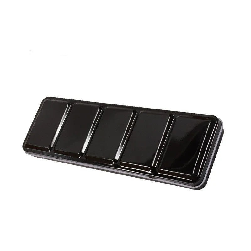 Square tinplate metal paint box for solid watercolours with folding compartment design.