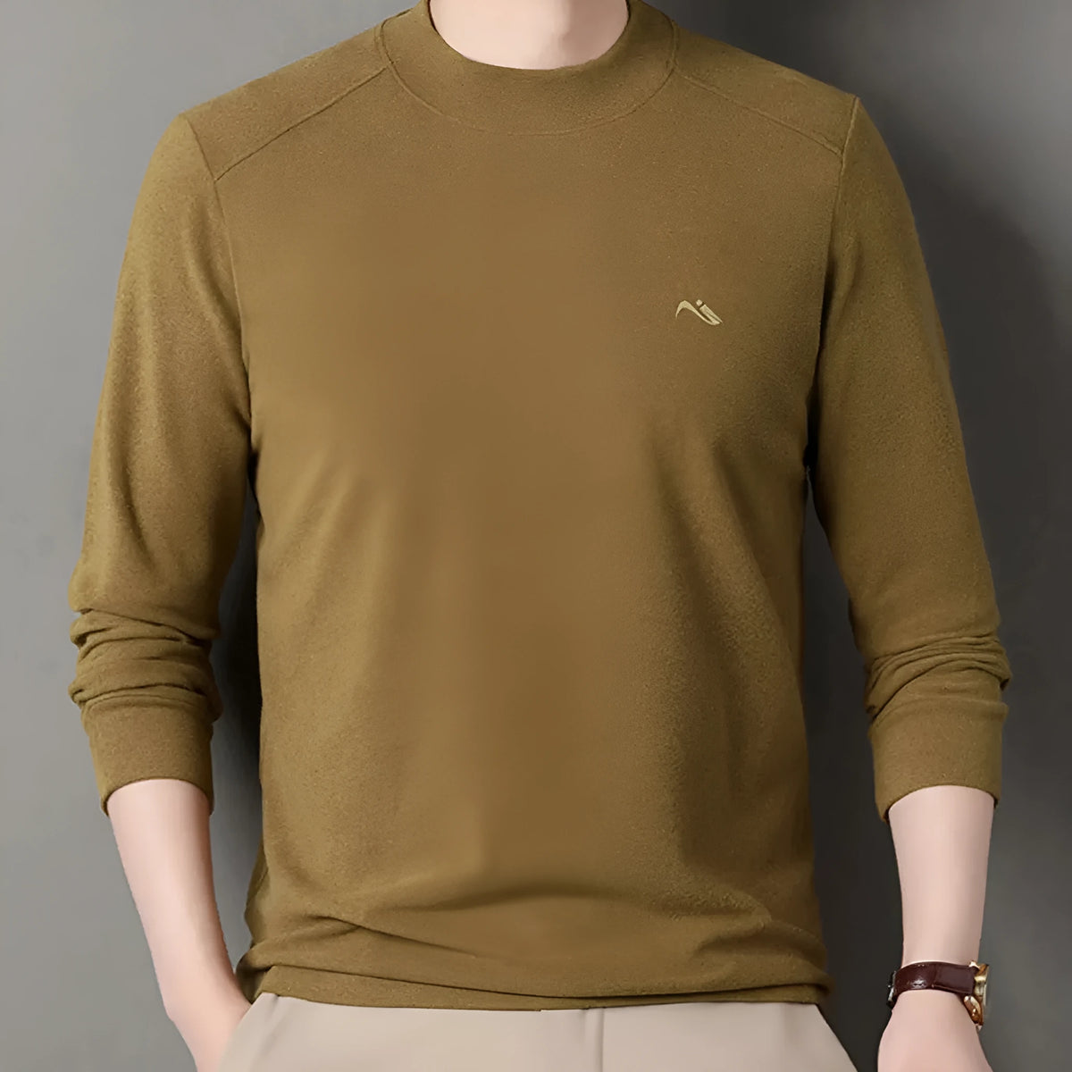 Men's crew neck long sleeve t-shirt, solid colour loose fit, sizes 165-190, polyester, black grey khaki white yellow coffee