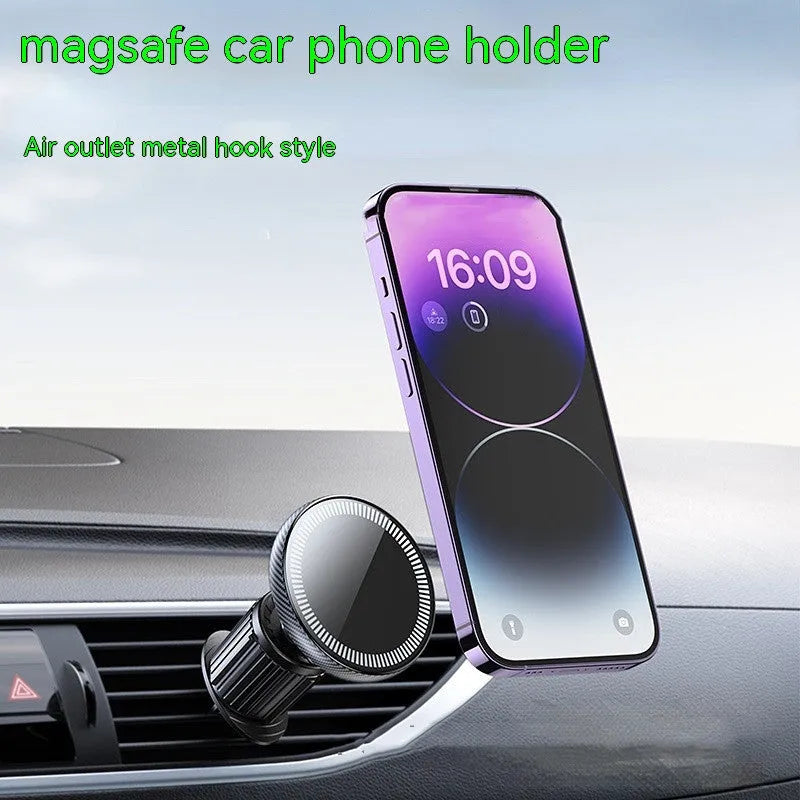 Car mobile phone air outlet holder with metal hook and magnetic suction bracket, adjustable waterfall style vent mount