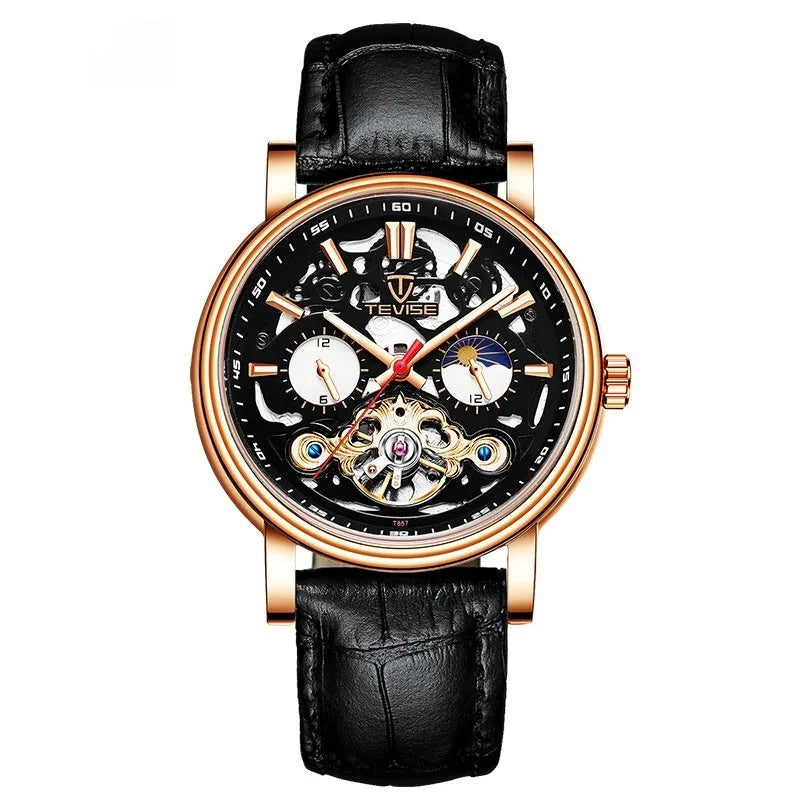 Men's black tourbillon mechanical watch with luminous markers on a leather strap.