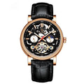 Men's black tourbillon mechanical watch with luminous markers on a leather strap.