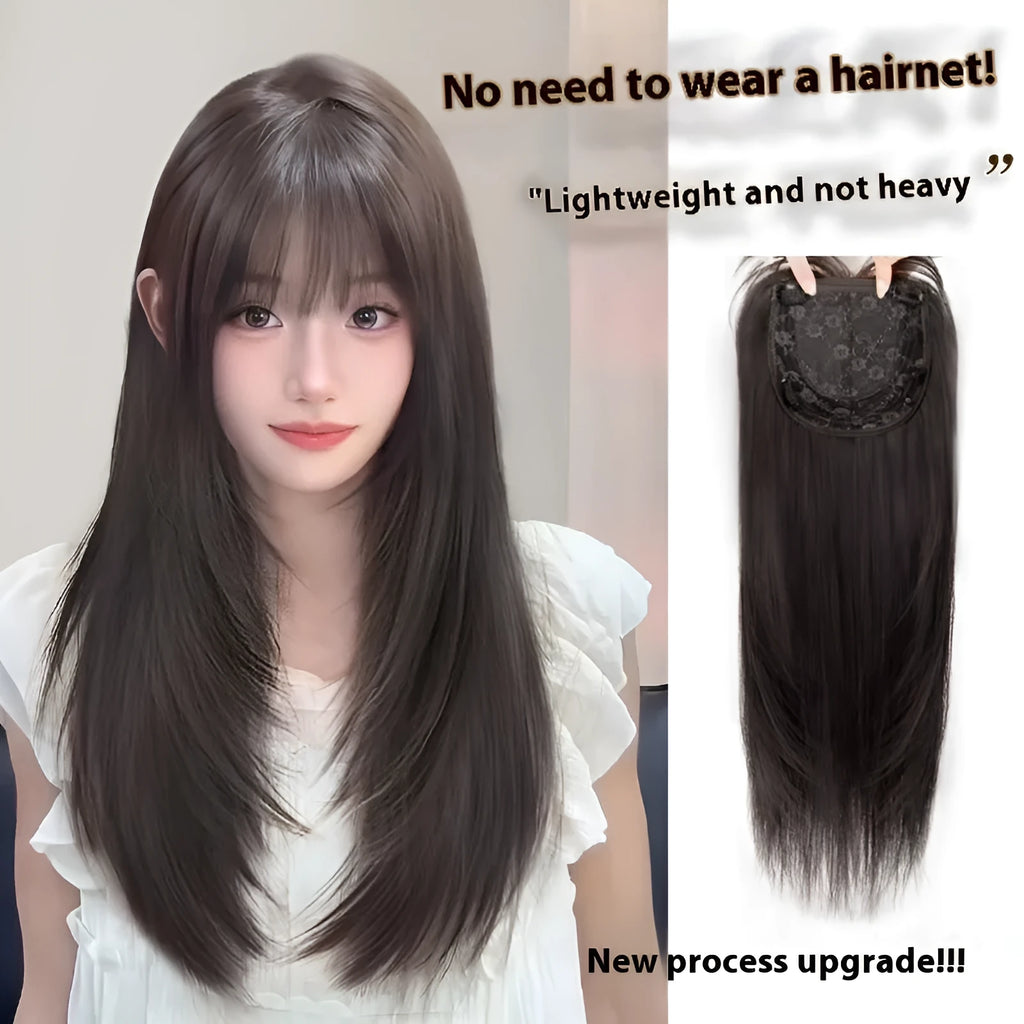 Black long straight high layered human hair wig for women with full-head coverage
