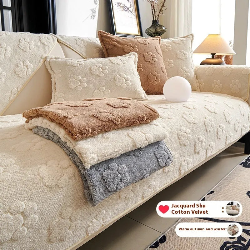 Thickened fleece non-slip sofa cushion in plush solid colour, available in beige, grey, khaki, and pink