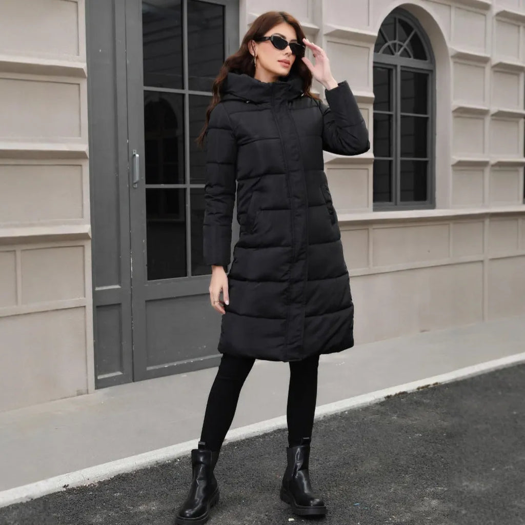 Black hooded slim fit cotton jacket with cold-resistant thickened construction and regular long sleeves