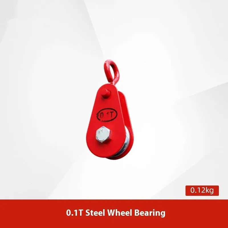 Red industrial lifting pulley with safety latch and forged steel construction