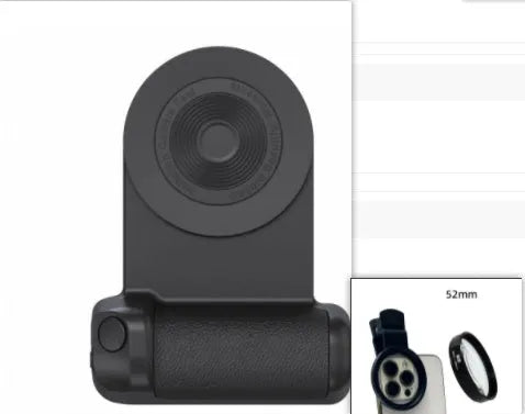Black magnetic camera handle bracket for smartphone photography with rotatable design and ergonomic grip
