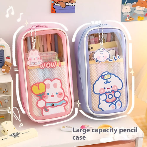 Transparent PVC pencil case with large capacity, featuring a cute Korean-style cartoon bear design.
