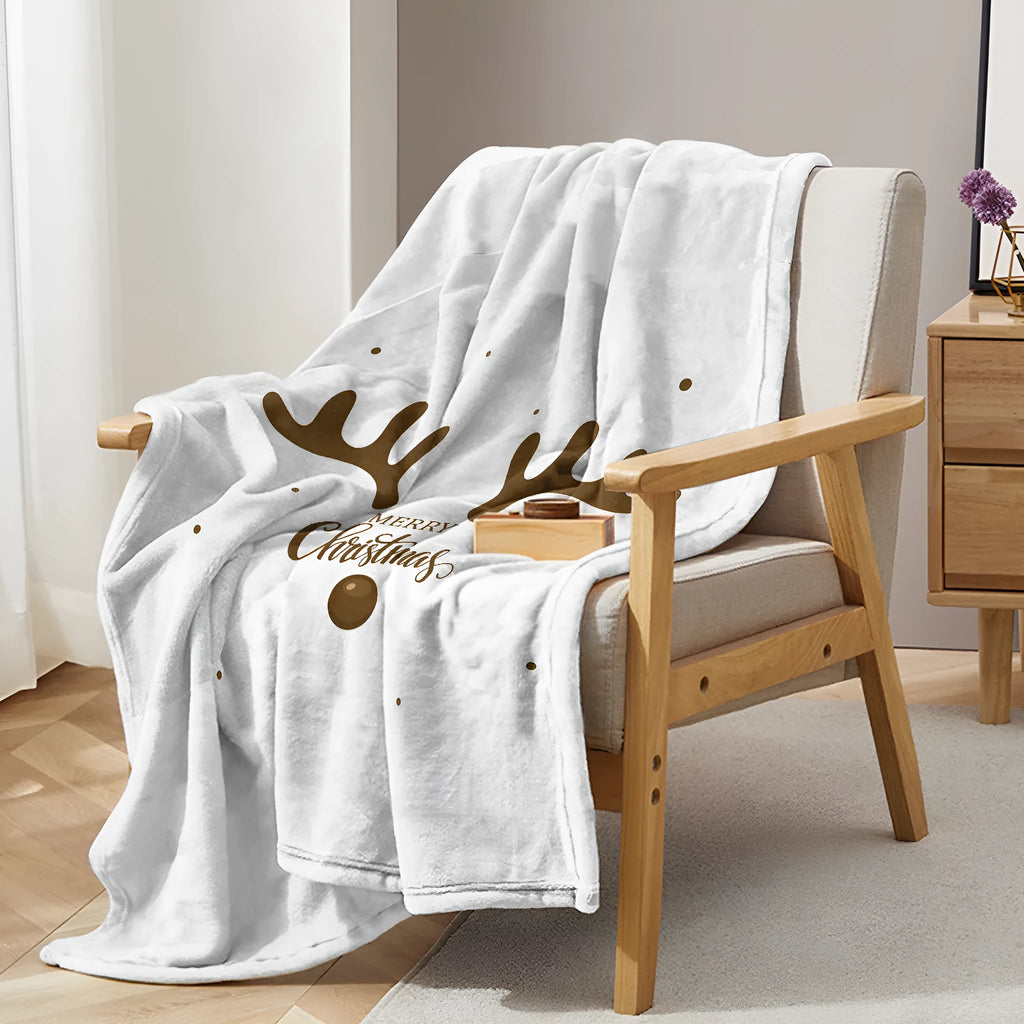 White deer antler pattern Christmas flannel velvet throw blanket with hemmed edges, available in three sizes