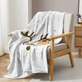 White deer antler pattern Christmas flannel velvet throw blanket with hemmed edges, available in three sizes
