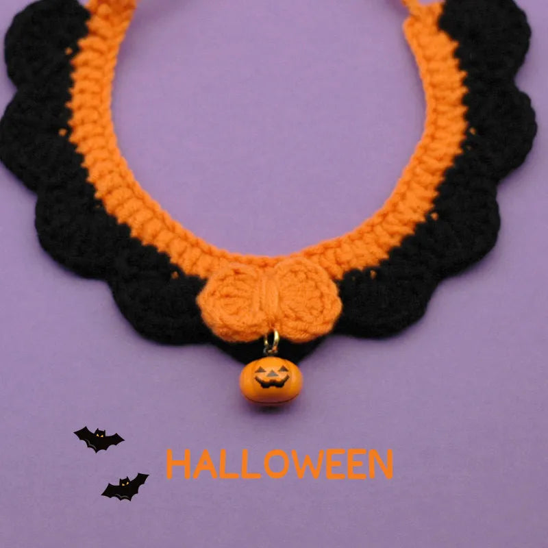 Hand-crocheted wool Halloween pet collar in pumpkin colours with adjustable sizing for cats and dogs
