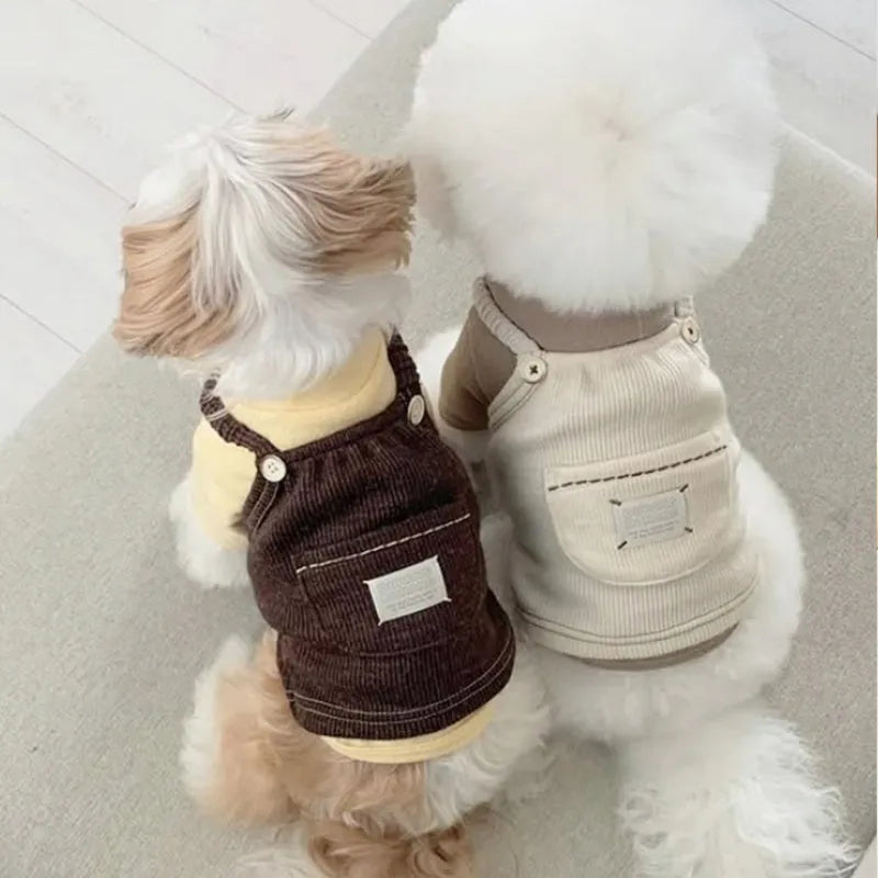 Brown corduroy pet vest with wool Sherpa collar on a small dog, halter design for easy wear