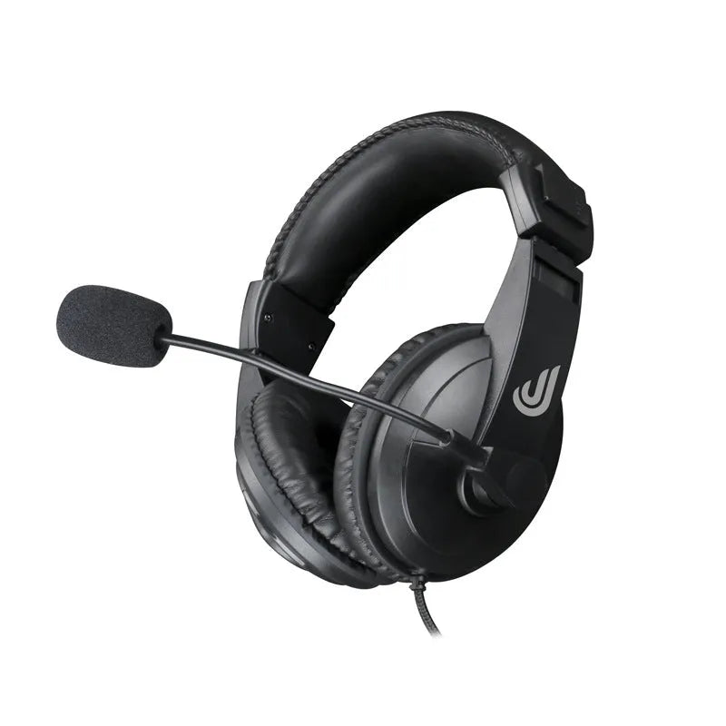 Black wired PC computer headset with 3.5mm in-line plug, built-in microphone, 40mm speakers, and 1.8m cable