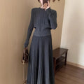 Dark grey artistic knitted dress suit with 3D pattern, collage stitching, sweater and skirt two-piece set.