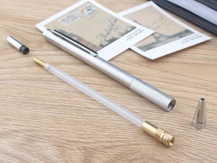 Metal automatic mechanical pencil with multiple lead size options including 0.5mm and 2.0mm diameters