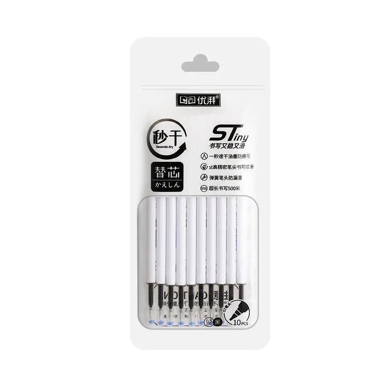 Four quick-drying pen refill cartridges in black, red, blue, and ink blue, showing 500m writing length.