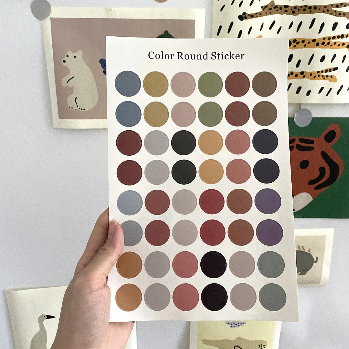 Sheet of 48 Morandi earth colour polka dot seal stickers, each 2cm diameter, on a 16x24.5cm sheet