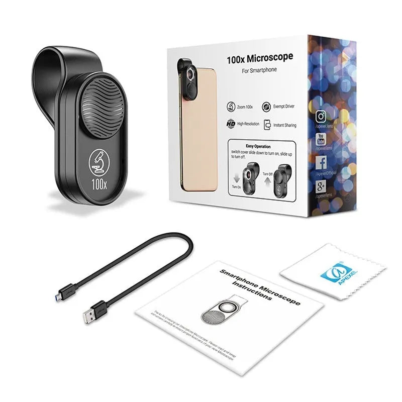Black mobile magnification microscope with LED light clipped onto smartphone for macro photography