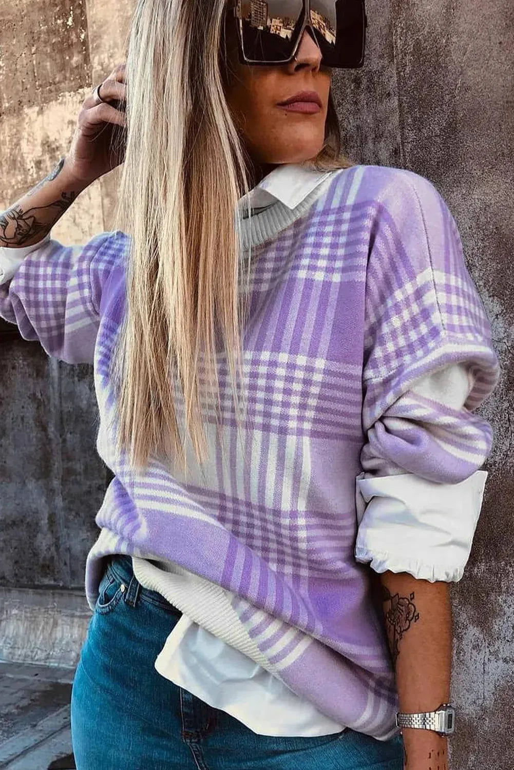 Women's lilac plaid print loose sweater with ribbed trim on cuffs and hem.
