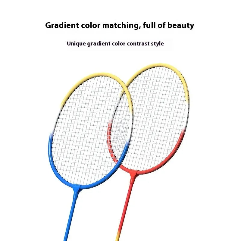 Blue and red split shaft badminton rackets separated and assembled on a neutral background
