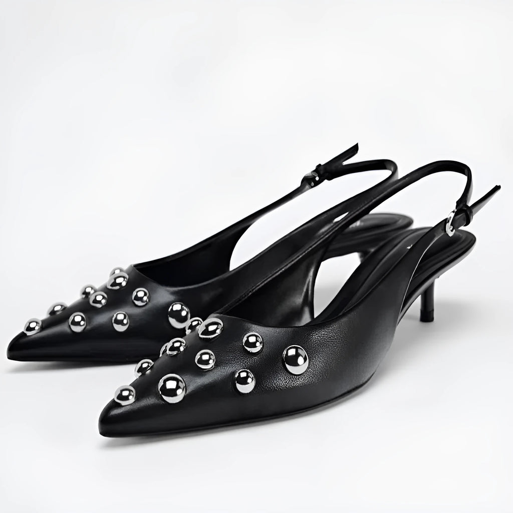 Women's black low-cut pointed-toe wedge stiletto heels with rivet decoration and slip-on design