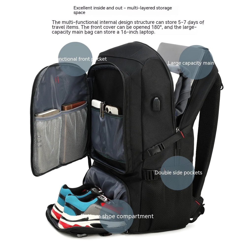 80L business travel backpack in black, Oxford cloth with composite cowhide, 55x20x35cm, USB interface