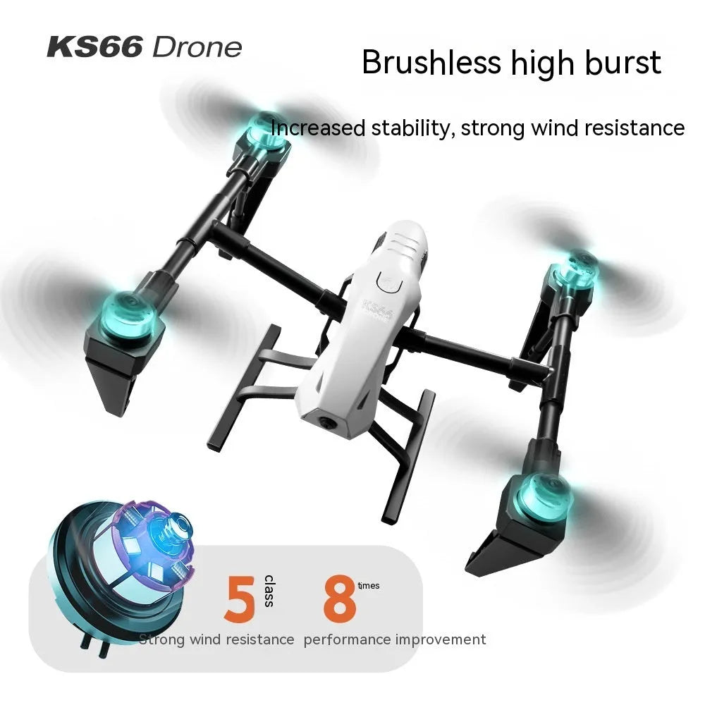 White Alloy KS66 remote control drone with camera, controller, and accessories on a grey background.