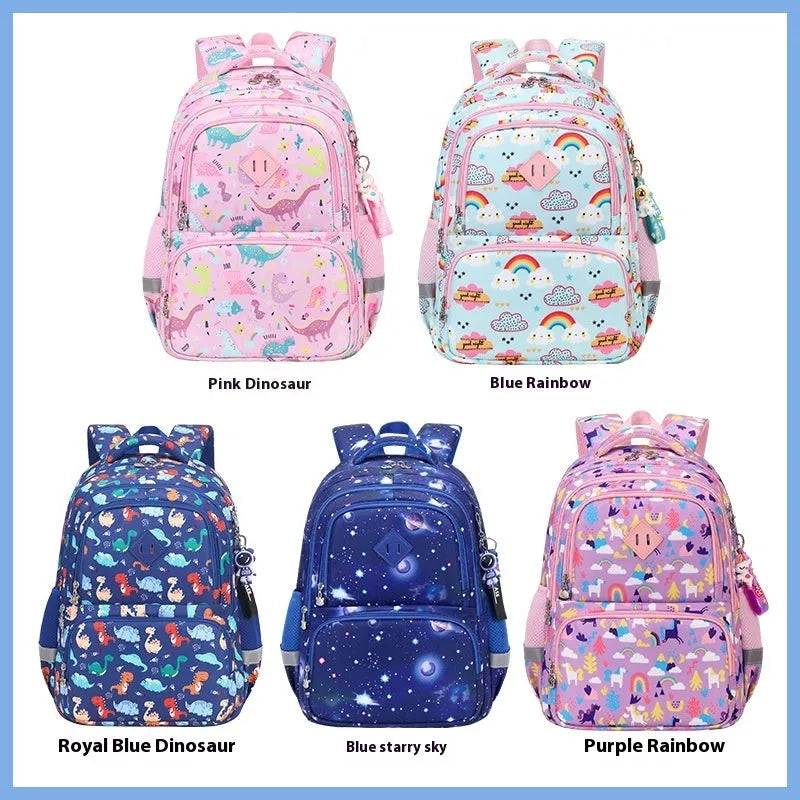 Children's waterproof school backpack in Oxford cloth with dinosaur pattern and curved shoulder straps