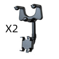 Black rearview mirror car phone holder showing 360-degree rotation and telescopic arm extended.