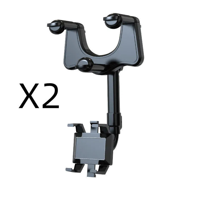 Black rearview mirror car phone holder showing 360-degree rotation and telescopic arm extended.