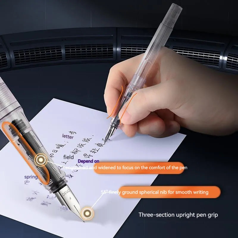 Student automatic suction pen set showing pen, ink feeder, handbag, and manual with 0.38mm and 0.5mm nib options.