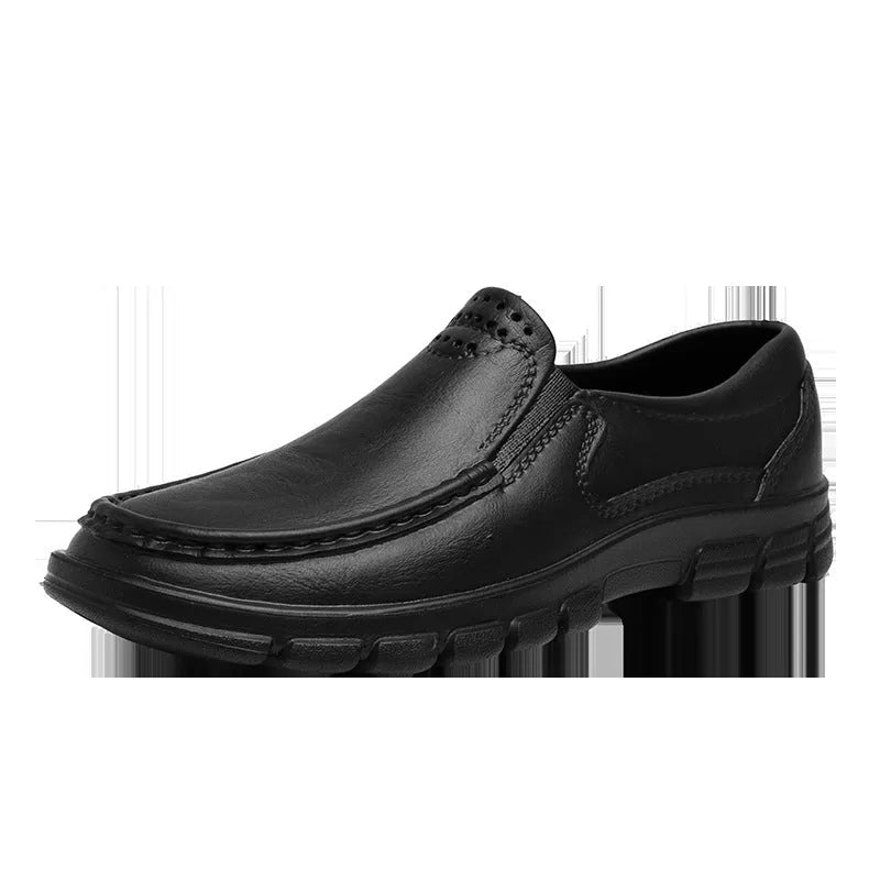 Men's black waterproof slip-on work shoes with platform sole and leather lining