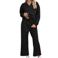 Women's black knitted jacquard suit with lapel-collar long sleeve sweater and cropped elastic-waist trousers.