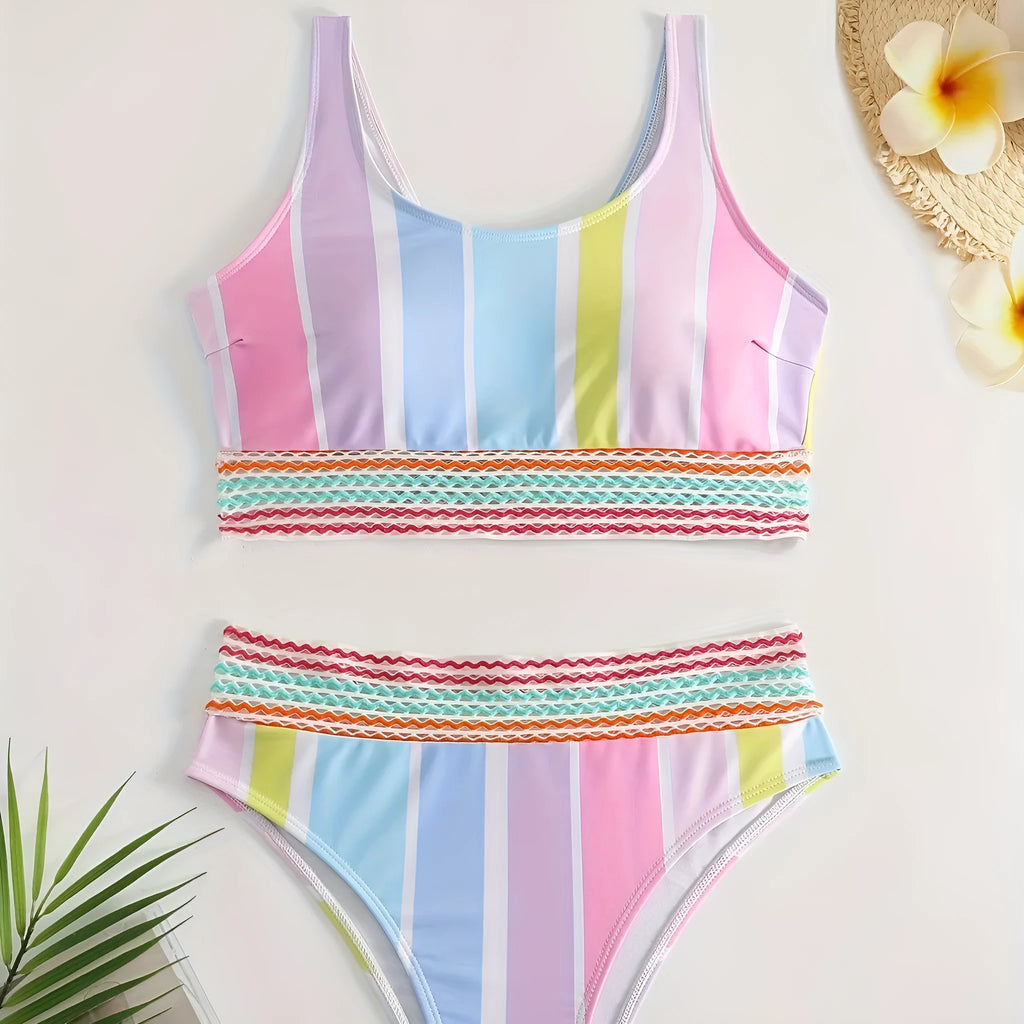 Women's striped bikini top and briefs in picture colour, laid flat to show pattern and style.