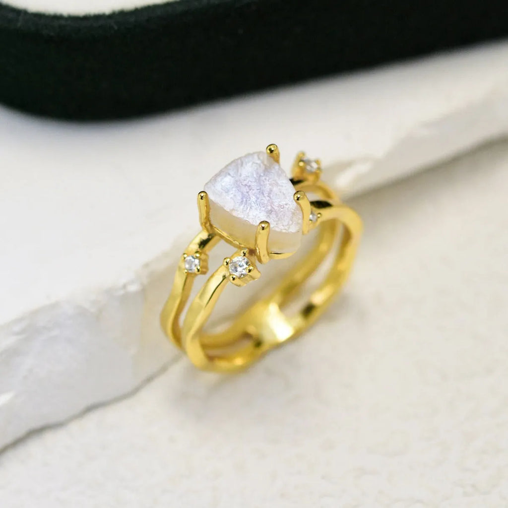 S925 sterling silver ring with an irregular triangle moonstone in a choice of gold-tone plating.
