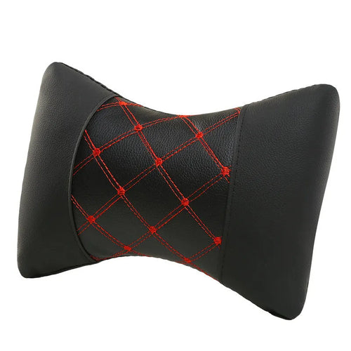 Black quilted artificial leather car headrest pillow with coloured diamond stitching for neck support.